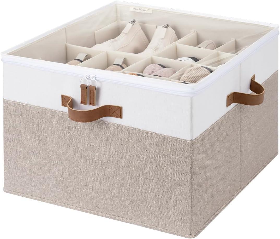 StorageWorks Shoe Organizer for Closet, Fits up to 16 Pairs, Shoe Cubby Storage Containers with Adjustable Dividers and Clear Cover, Brown & White (Medium)