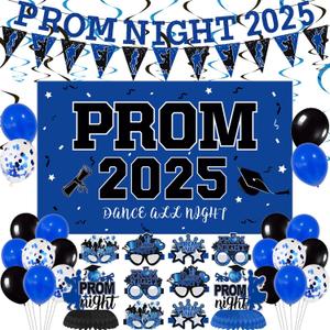Prom 2025 Decorations Set, Graduation Party Supplies Prom 2025 Backdrop, Prom Night Banner, Balloon, Grad Photo Booth Props, Honeycomb Centerpieces, Paper Eyeglasses (Blue)