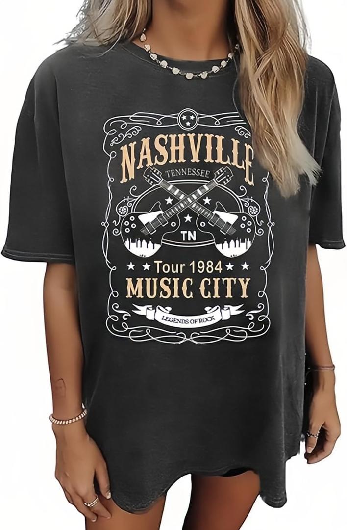Oversized Country Music T-Shirt Women Crew Neck Summer Short Sleeve Oversized Rock Band Tee Tops Dark Gray XL