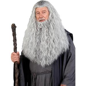 Gray Wig and Beard Long Curly Grey Beard Costume Wigs Set Synthetic Hair for Men Halloween Party