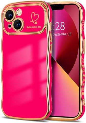 Hython for iPhone 13 Case Wave Wavy Phone Cases with Love Heart, Luxury Plating Edge Cute Curly Shape Cover for Women Girls, Thin Slim Soft TPU Rubber Shockproof Protective Cover, Hot Pink Sat of 3