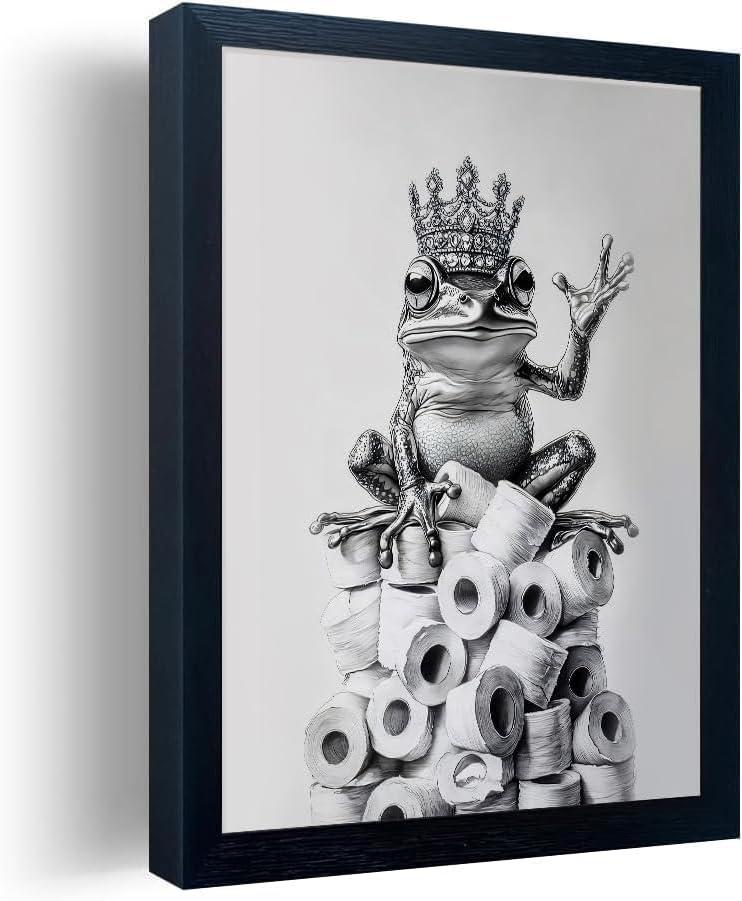 Framed Bathroom Decor Wall Art Wear Crown Frog Toilet Paper Pile - Playful Bathroom wall decor Animal Art black and white canvas wall art print can be hung directly - Frame, 8 "x 10"