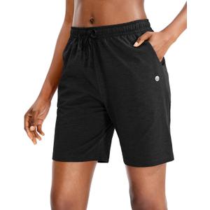 G Gradual Women's 7" Shorts with Deep Pockets Elastic Waist Bermuda Jersey Long Shorts for Woman Lounge Walking (Black,7",M)