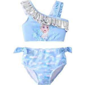 Disney Princess Toddler Girls Two Piece Tankini Top and Bow Tie Bikini Bottom Beach Swimwear Set (5-6 Years, Light Blue)