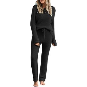 luvamia Women's Casual Pajama Set Fuzzy Fleece Knitted Long Sleeve Pj Loungewear (Large, Black)