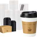 BYSNOW 100 pack 12 oz Disposable Thickened Coffee Cups with Lids, Scald Resistant Hot Cup with Sleeve and Straw, To Go Coffee Cups for Home, Office, Cafes and Party (White 12oz)