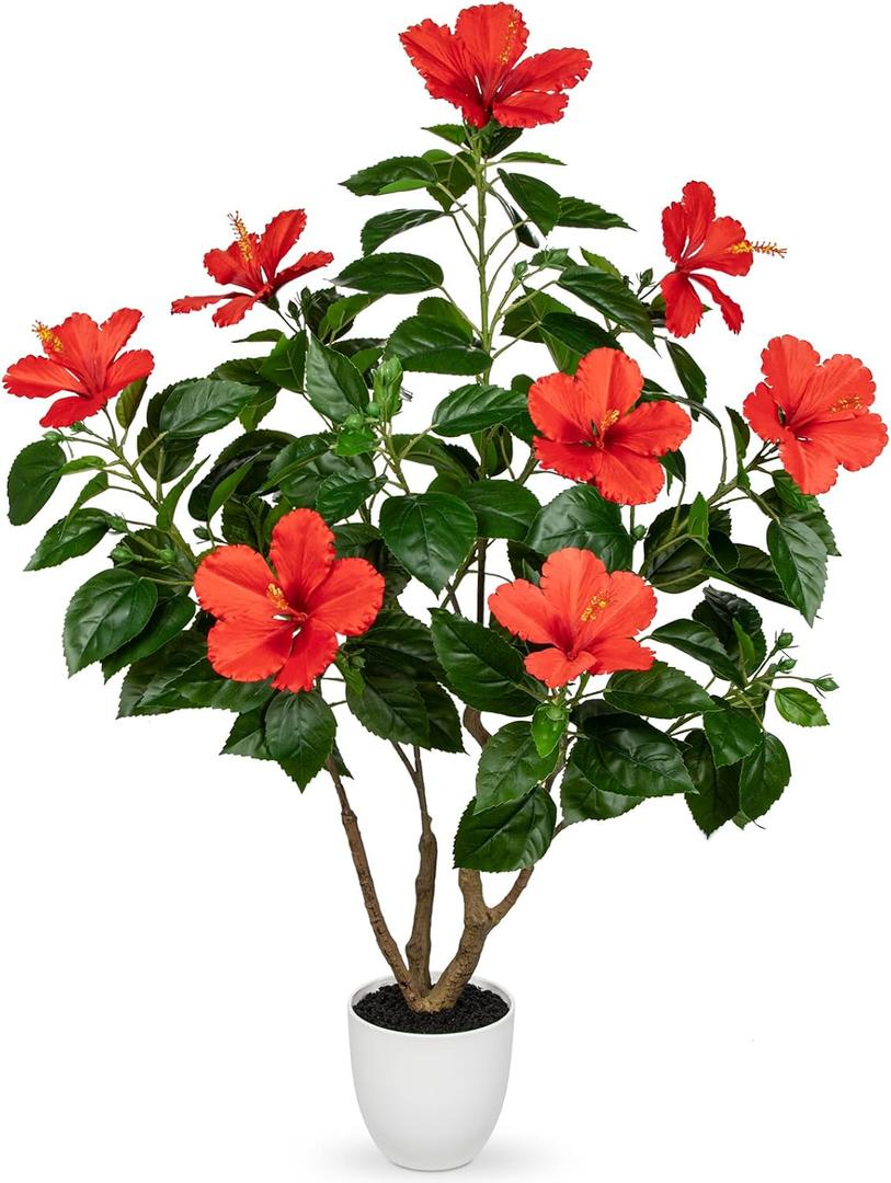 Briful Artificial Hibiscus Tree 2.95ft Tall Real Touch Fake Tree with Red Flowers Potted Faux Plant Indoor Realistic Floor Plants for Front Porch Outdoor Home, Patio Decor