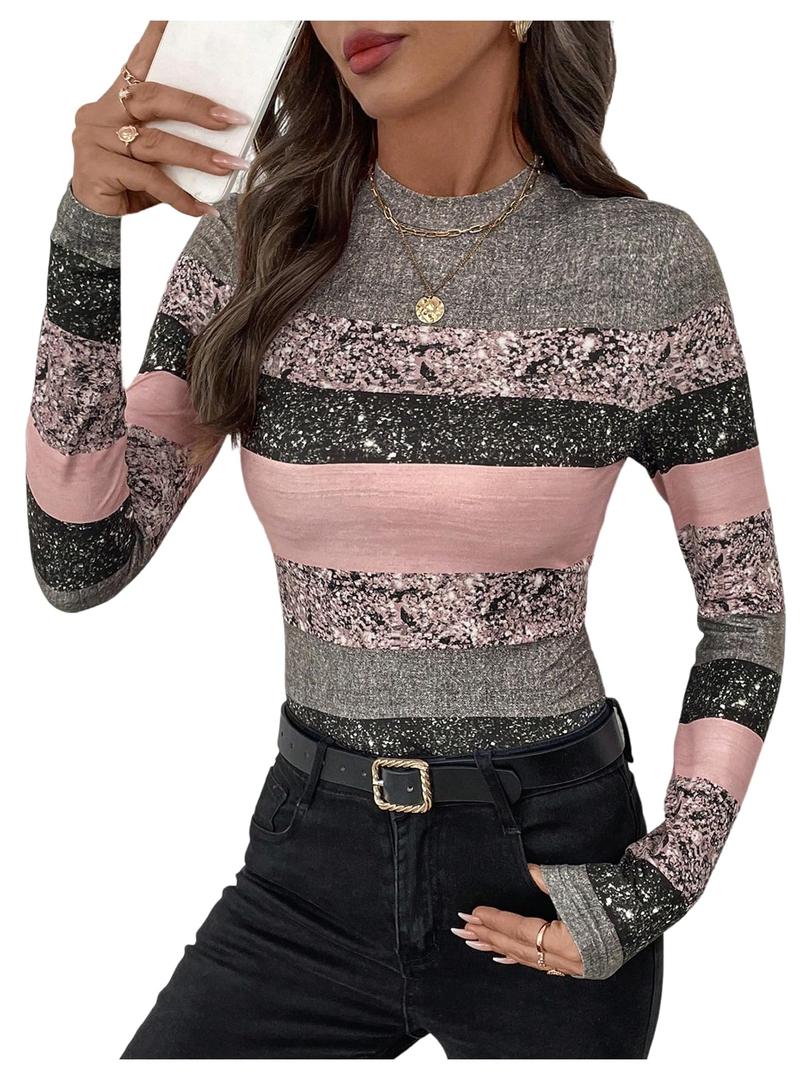 RoseSeek Women's Striped Color Block T Shirts Mock Neck Long Sleeve Elegant Fall Tops Multicolor Large