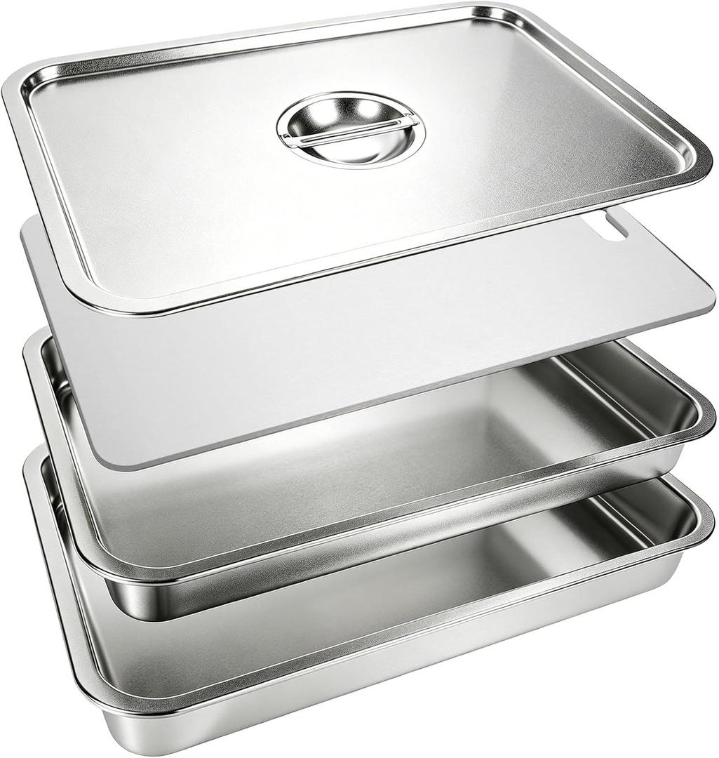 20" Stainless Steel Grill Carry System, 4-Piece Deep & Shallow Trays with Lid and Cutting Board, for BBQ Meat Marinating, Carrying & Serving
