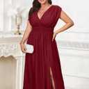 baronshion Womens Plus Size Dresses Short Sleeve V Neck Casual Dress Elastic Waist Flowy A Line Long Maxi Dresses Red (Red, XXL)