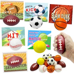 30 Pcs Valentines Day Gift Cards with Mini Sports Stress Balls, Valentines Greeting Cards for Kids School Gift Exchange, Game Prizes, Valentines Party Favor Supplies