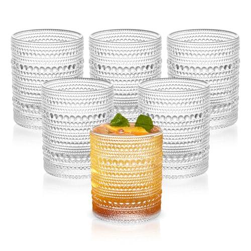 Vintage Dot-Pattern Drinking Glasses Set of 6 – 14.5 oz Clear Short Glass Cups – Embossed Textured Glassware with Anti-Slip Grip, Water Juice Soda Cocktail Tumblers – Thick Glass, Dishwasher Safe