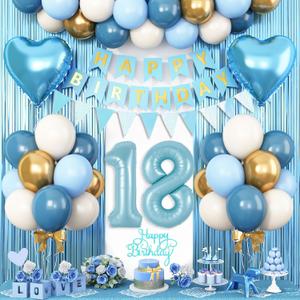18th Birthday Decorations Blue White Gold,18th Birthday Balloons with Happy Birthday Banner Fringe Curtain Heart Foil Balloons for Boys Girls 18 Year Old Birthday Decor