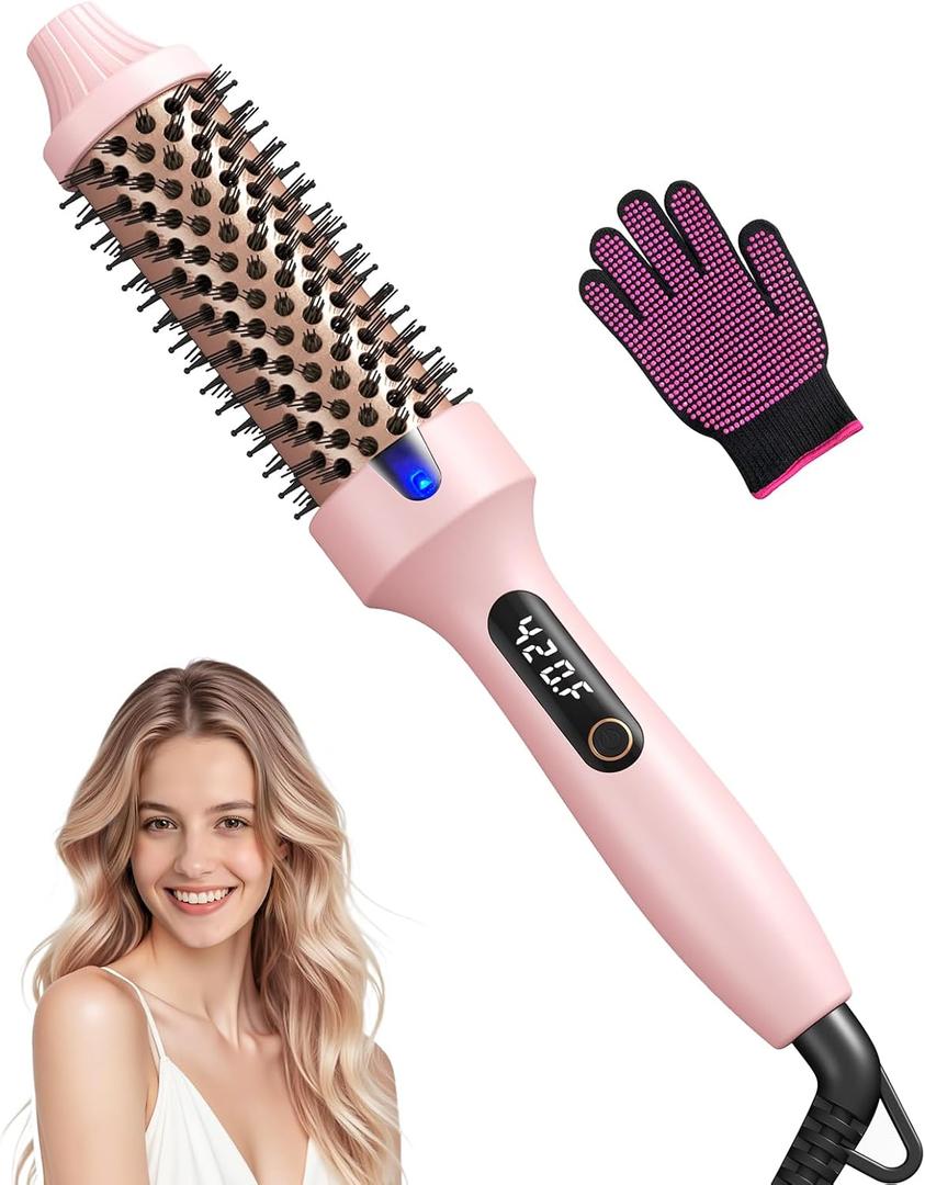 Thermal Brush for Blowout  1.5 Inch Heated Round Brush with Negative Ions, Dual Voltage, Dual PTC, 6 Heat Settings, Salon Smooth Hair, Less Frizz, Travel-Friendly, Pink