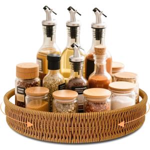 12 Inch Rattan Lazy Susan Organizer for Cabinet, Round Rotating Wicker Turntable Serving Tray with Handles for Kitchen Counter, Coffee Table