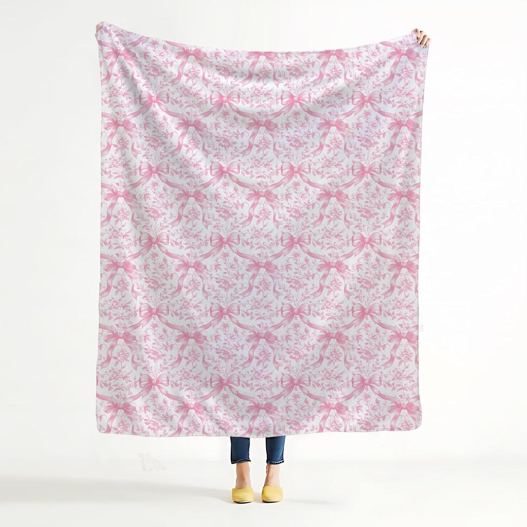 Pink Bow Floral Blanket,Grandmillennial Pink Bow Floral Throw Blanket for Home Bedroom Room Couch Bed Decor, 50x60 Inches (Color 02)
