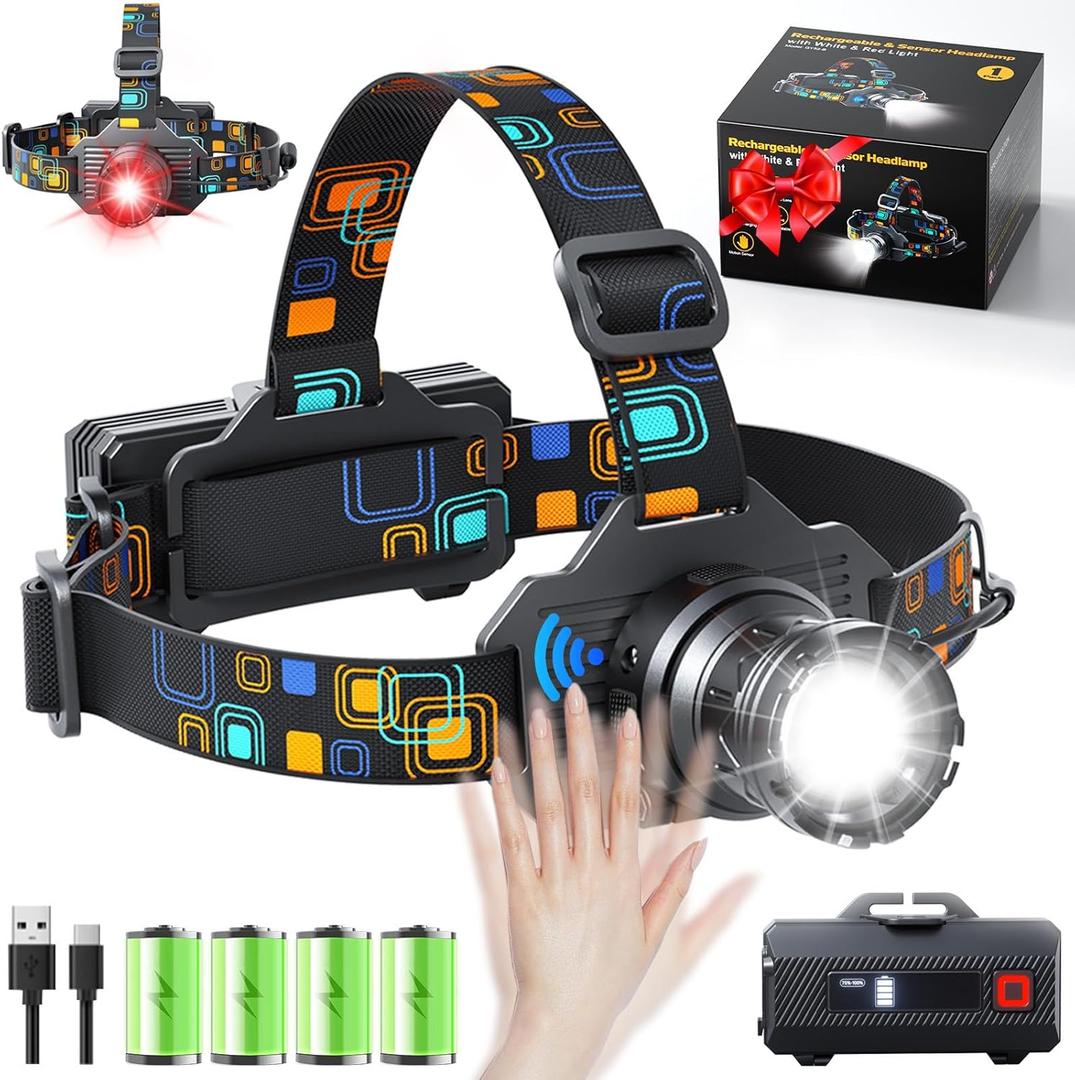 Headlamp Rechargeable, Bright LED Head Lamp with White Red Light, LED Headlamp Motion Sensor 90 Adjustable Zoomable 6 Modes Head Lights for Forehead for Adults Running Hunting Camping Hiking Fishing (1 Pack)