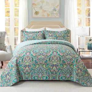 Travan 3-Piece Bedspread Quilt Set Oversized Reversible Quilted Bedding Cotton Coverlet Set with Shams, Gorgeous Green-Pink Floral Pattern, Queen Size