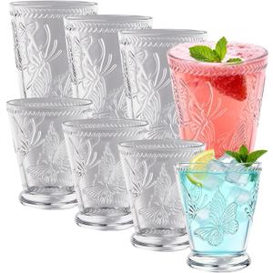 Vintage Butterfly Relief Drinking Glasses Set of 8, 12 oz Highball Glasses & 9 oz Cocktail Glasses Set,Kitchen Water Glasses Cup, Bar Tumbler Glassware Set for Beer, Juice, Cocktail