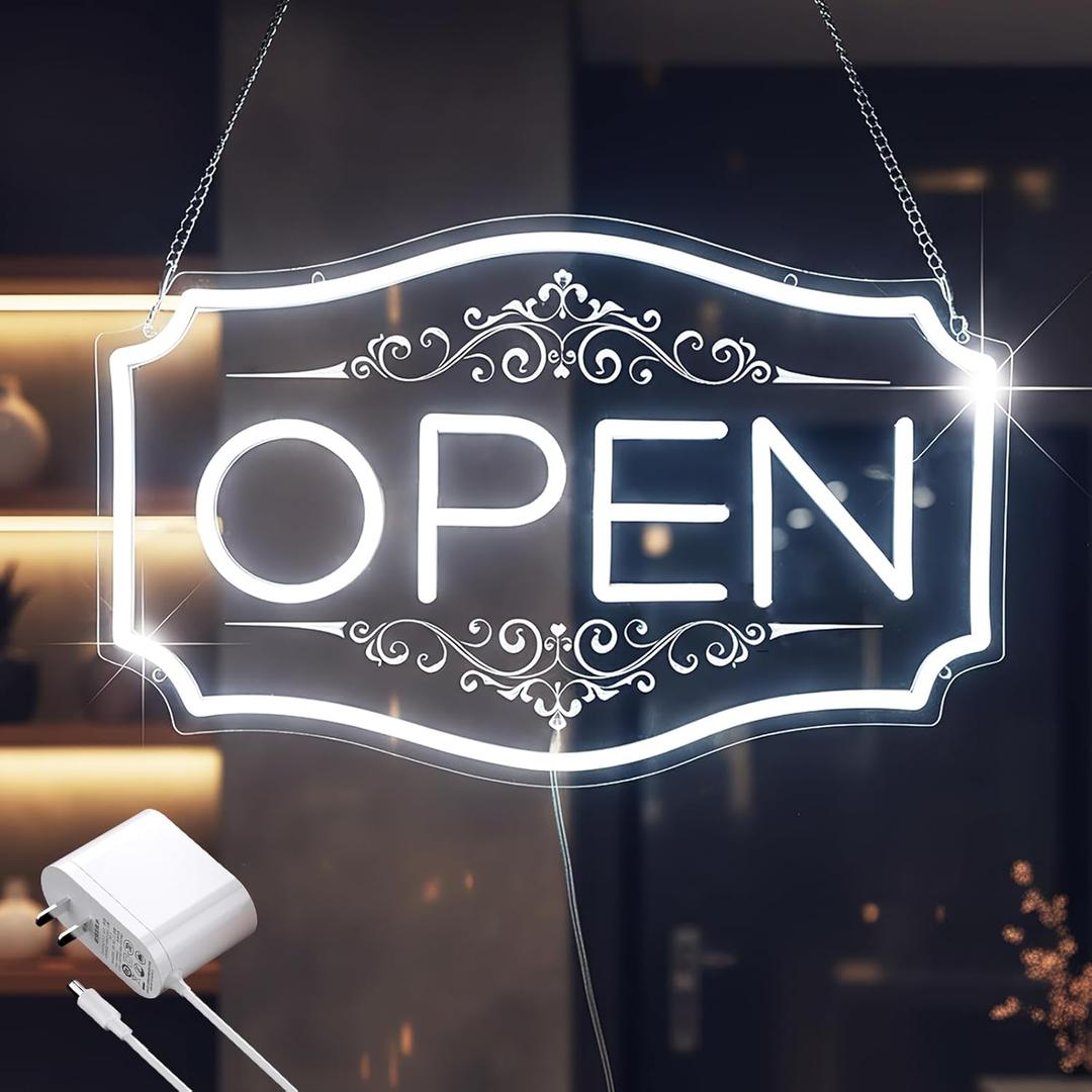 Open Sign for Business, LED Dimmable Neon Open Sign with 12V/2A Adapter, 16.5" x 10.5", White, Bright LED Visibility to Light Up Window, Wall, Bar, Coffee, Salon and Store