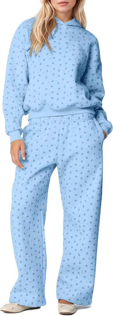 OLAPTA Women 2 Piece Outfits Ditsy Flower Print Sweatsuits Sets Long Sleeve Sweatshirts Wide Leg Sweatpants Fall Tracksuits Medium