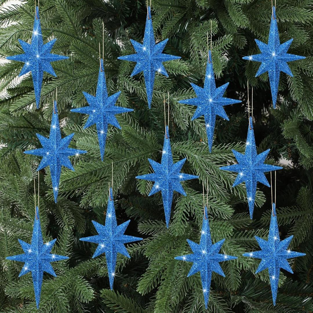 Quzzil 12 Pcs Christmas Blue Bethlehem Star Ornament 4.72 x 2.95 Inch Star of Bethlehem Christmas Tree Topper Glitter Ornament Plastic Nativity Stars Hanging Decor Accessories