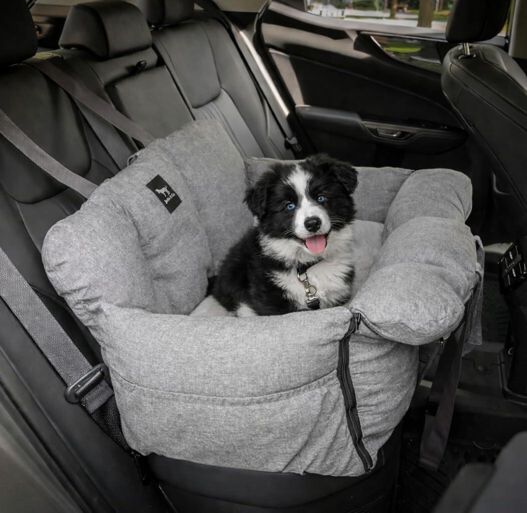 JACKO & CO Premium Dog Car Seat Safe & Cozy Travel Bed Carrier for Small Dogs, Puppies, Pets, Clip-On Leash, Storage Pockets, Water-Resistant, Machine Wash (Grey, Removable - Medium (25-40lbs))