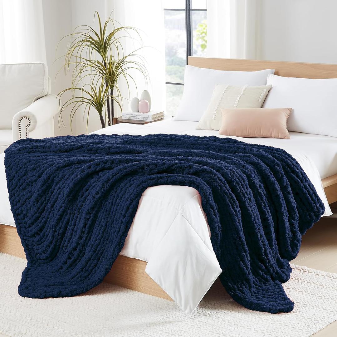  Chunky Knit Throw Blanket for Couch, 50 x 60 Inches, Dark Blue
