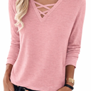 ANRABESS Womens Long Sleeve Shirts V Neck Criss Cross Loose Fit Tops 2025 Fall Trendy Tees Dressy Casual Blouses T-Shirts Coral, Size: Large