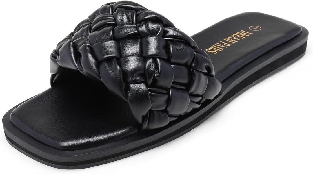 DREAM PAIRS Women's Square Open Toe Slide Sandals Cute Slip on Braided Strap Rhinestone Flat Sandals for Summer (8.5, Black/Weave)