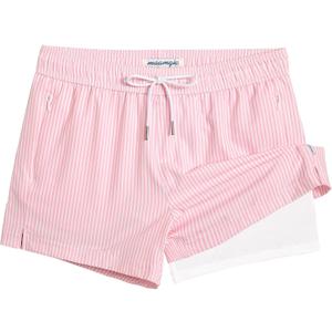 maamgic Mens Swim Trunks with Compression Liner Short Stretch Mens Bathing Suit Quick Dry Swimming Trunks Swimsuit (Large, Stripe Pinkwhite)