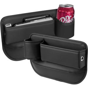 Car Seat Gap Filler Organizer with Cup Holder, Premium PU Leather Interior Accessories for Phone,Sunglasses,Keys, and Small Items, Universal Fit for Car, SUV and Truck,2-Packs Black