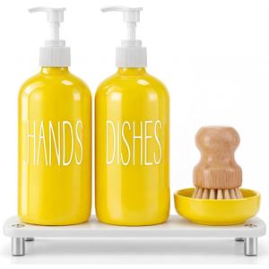 Yellow Kitchen Decor, 5 Pcs Hands Dishes Soap Dispenser Set Comes with Ceramic Brush Tray, Instant Dry Tray, and Dish Scrub Brush, Suitable for Kitchen Accessories (Word)