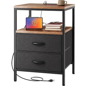 Huuger Night Stand with Charger Station, 27.7 Inch Tall Nightstand, Bed Side Table with 2 Fabric Drawers, Fabric Drawer Dresser for Bedroom, Living Room, Rustic Brown and Black
