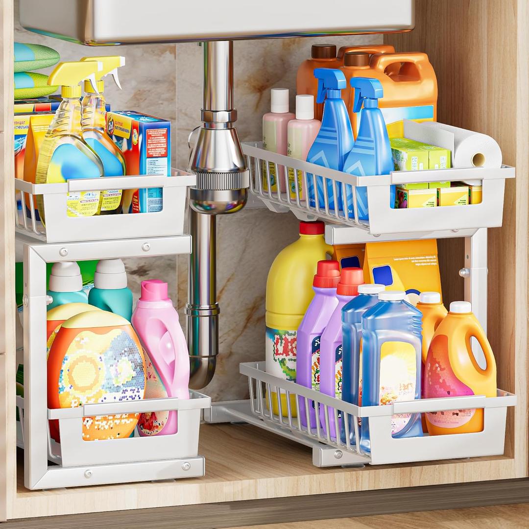 Under Sink Organizer 2 Pack, 2 Tier Adjustable Height Reinforced Carbon Steel Under Kitchen Bathroom Sink Storage Organizer, Smooth Pull-Out Under Sink Cabinet Rack Drawer Organizer, White