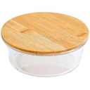 Microwave Safe Glass Trifle Bowl with Bamboo Lid, 1300 Ml/44 Oz Food Storage Container, Clear with Wooden Lid, Ideal for Kitchen and Travel Storage 4 PCS