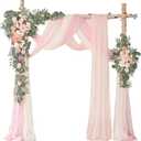 Deluxe Pink Artificial Wedding Arch Flowers with Drapes Kit-Pack of 5, 2pcs Flower Arrangements 3pcs Hanging Sheer Drapes Blue Ceremony Arbor Reception Backdrop Rose Floral Decorations.
