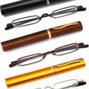 3 Pack Slim Pen Reading Glasses Metal Frame & Case Compact Portable Spring Hinge Eyeglasses for Women Men (Black, Brown, Gold, +1.25)