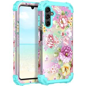 Hocase for Galaxy A14 5G Case, Heavy Duty Shockproof Protection Soft Silicone Rubber Bumper+Hard Plastic Hybrid Protective Case for Samsung Galaxy A14 5G (6.6"" Display) 2023 - Purple/Pink Flowers