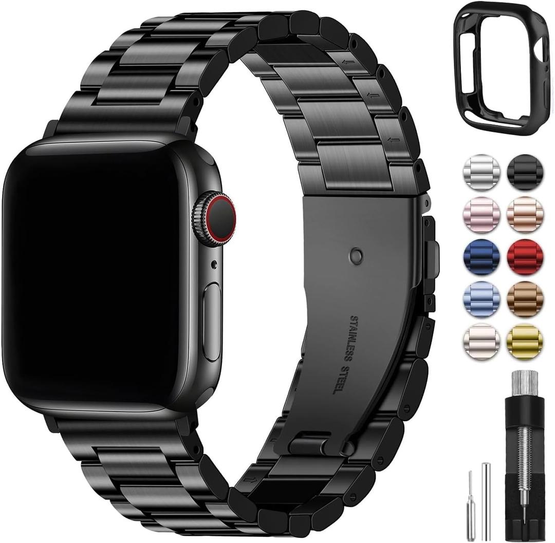Fullmosa Compatible Apple Watch Bands 45mm 44mm 42mm 46mm 49mm 41mm 40mm 38mm, Metal iWatch Band with Case for Apple Watch Series 9 8 7 6 5 4 3 2 1 SE 10 Ultra, 42mm 44mm 45mm Black
