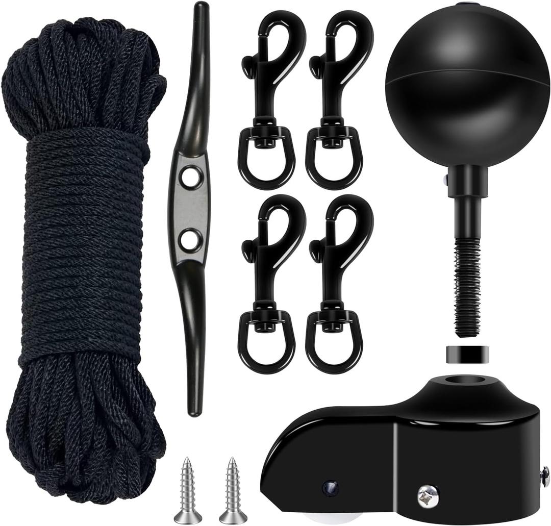 NQ Flagpole Hardware Repair Parts Kit,50 Feet Halyard Rope+3" Black Ball+6" Zinc Alloy Cleat + 4 Metal Swivel Snap Clips + Aluminum Alloy Flagpole Truck with Nylon Pulley for 1.6"-2" Flag Poles