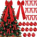 Gejoy Bow Christmas Tree Decoration Set, 30 Pcs Small Bows 1 Pcs 47" x 15.7" Large Tree Topper Satin Bows and 36 Christmas Balls Hanging Ornaments, Xmas Glitter Balls for Holiday Decor (Red)