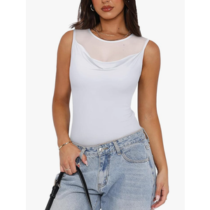 REORIA Women's Crew Round Neck Sleeveless Shirts Sexy Sheer Mesh Top 2025 Trendy Going Out Bodysuits Tops, White, M