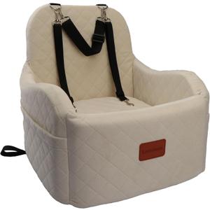 Lealchum Dog Booster Car Seat,Ultra Soft Fabric & Filling Memory Foam,Elevated Cushion,3 Straps & Safety Belt Channel,Anti-Slip Base,Fully Detachable and Washable(Beige,Medium)