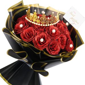 TLY Glitter Roses Bouquet Red Roses Artificial Flowers with Flower Wrapping Paper Crowns Cards for Valentine's Day Nurses Day Graduation Anniversary Engagement Wedding