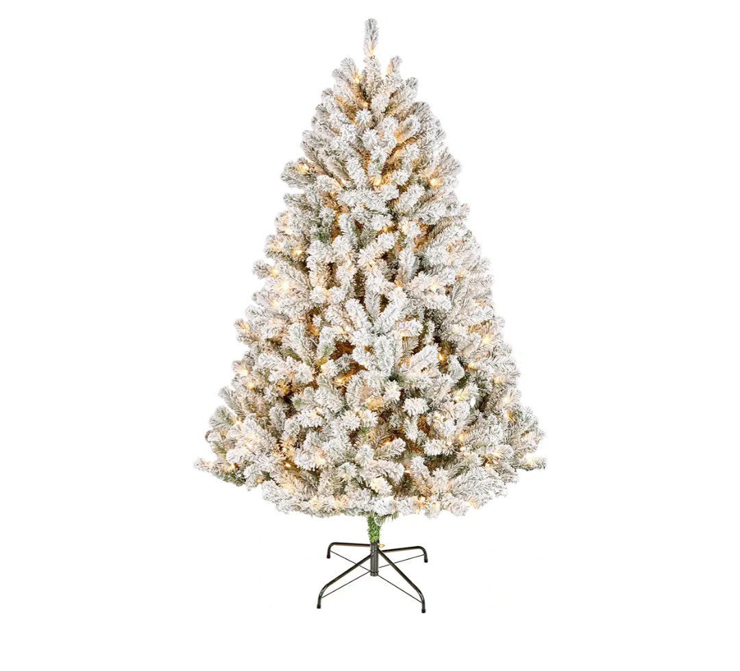 6 ft Pre-Lit Flocked Acacia Artificial Christmas Tree, 300 Clear Lights, 840 Branch Tips, Includes Stand, Green