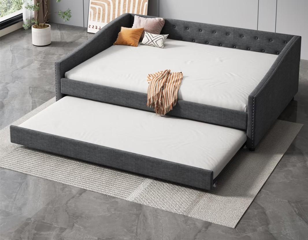 Full Size Upholstered Daybed with Twin Size Trundle, Upholstered Tufted Sofa Bed with Button Backrest and Copper Nail Decorated Arms, Solid Wood Daybed for Living Room, Bedroom