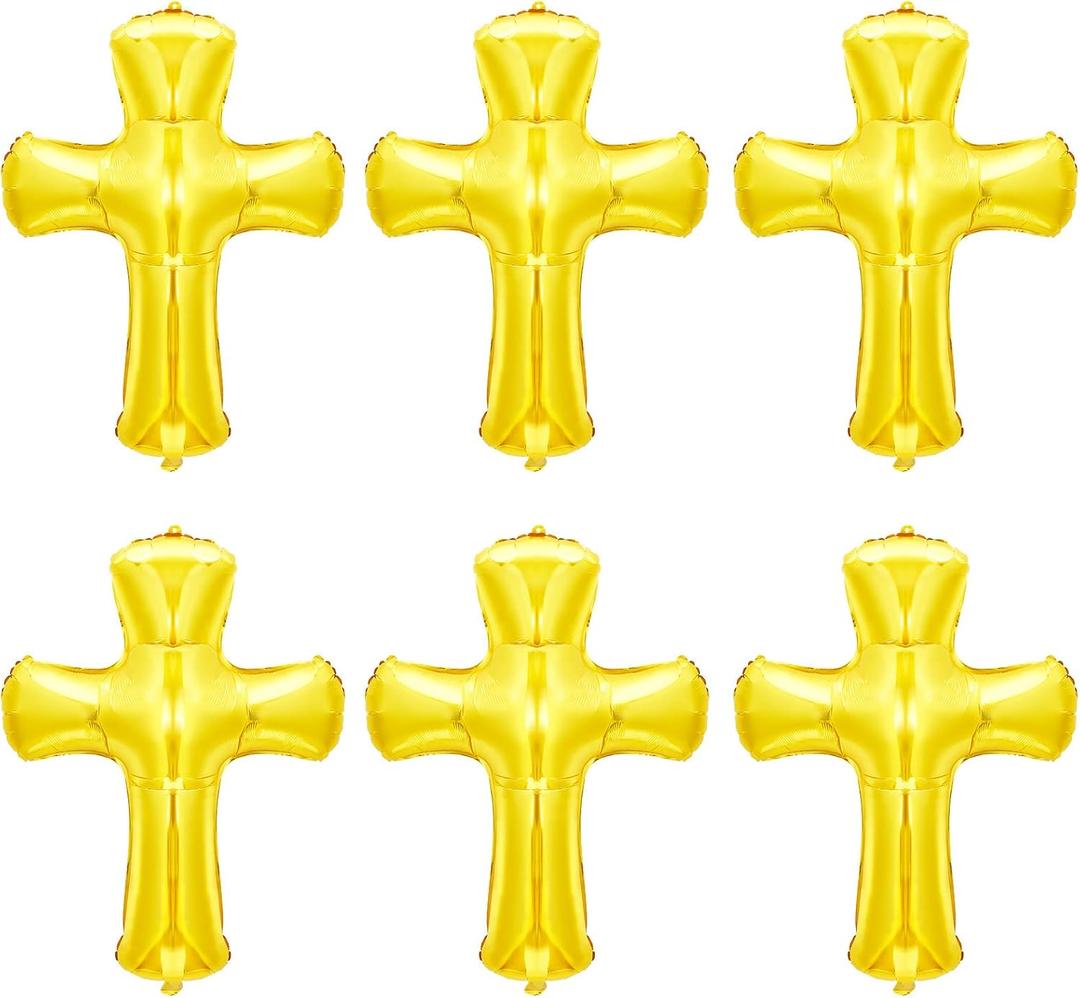 6 Pcs 34 Inch Cross Balloon Jumbo Baptism Large Memorial Balloons Communion Christening Religious Foil Party Balloon for Xmas Home Outdoor Decorations(Gold)