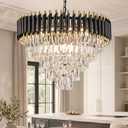 Modern Crystal Chandelier, 12-Light Round Tiered Chandelier, 24" Black Metal Pendant Light, Adjustable Hanging Ceiling Fixture for Foyer Living Room Dining Room, Luxury Raindrop Lighting, 23.5 inches