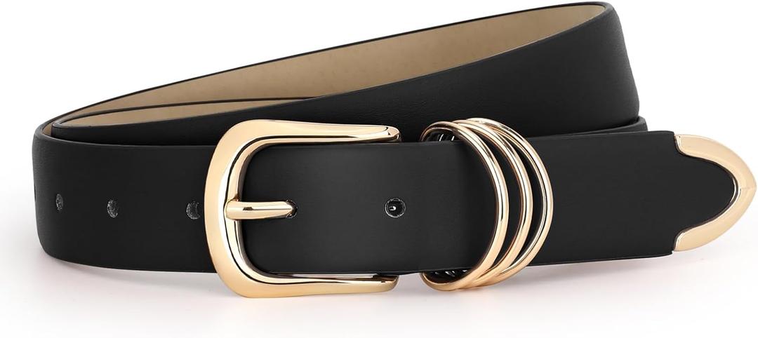 JASGOOD Women Leather Belt Gold Buckle Ladies Elegant Faux Leather Waist Belt for Jeans Pants, Size: 39.3"